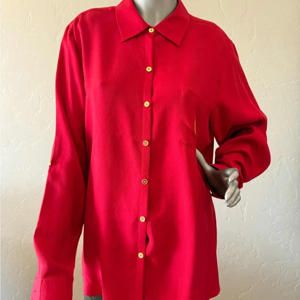 Charter Club Red Classic Button up Silk Blouse‎ Preppy Crest Logo Pocket Size 16